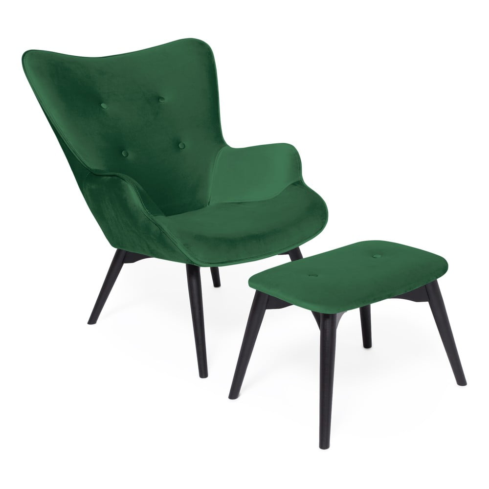 Smaragdno zelena fotelja i tabure za noge s bazom u crnoj boji Vivonita Cora Velvet