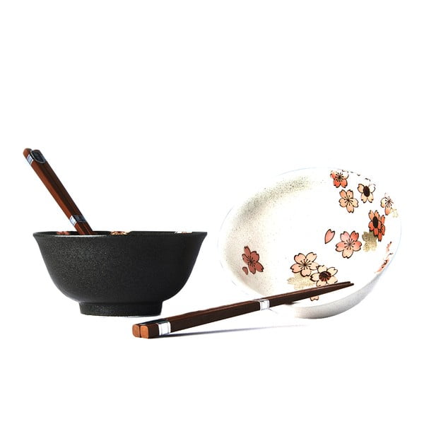 Set od 2 sivo-bijele keramičke zdjele i štapića za jelo MIJ Cherry Blossom