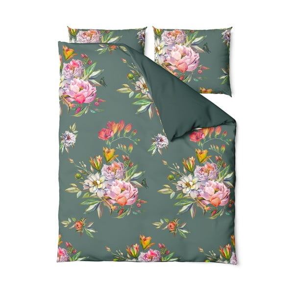 Tamnozelena posteljina od pamučnoga satena za bračni krevet Bonami Selection Floret, 200 x 220 cm