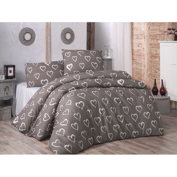 Smeđa pamučna posteljina s plahtom za bračni krevet i dvije jastučnice Hearts, 200 x 220 cm