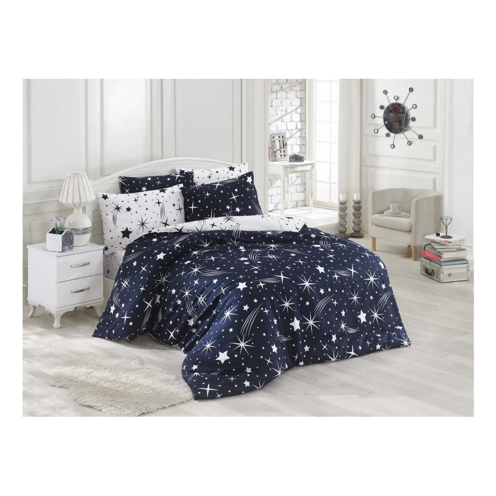 Tamno plava posteljina s plahtom Starry Night, 160 x 220 cm
