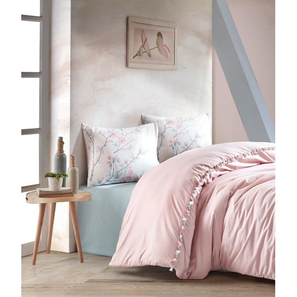 Pudrasto Ružičasta pamučna posteljina s plahtom Cotton Box Linda, 200 x 220 cm