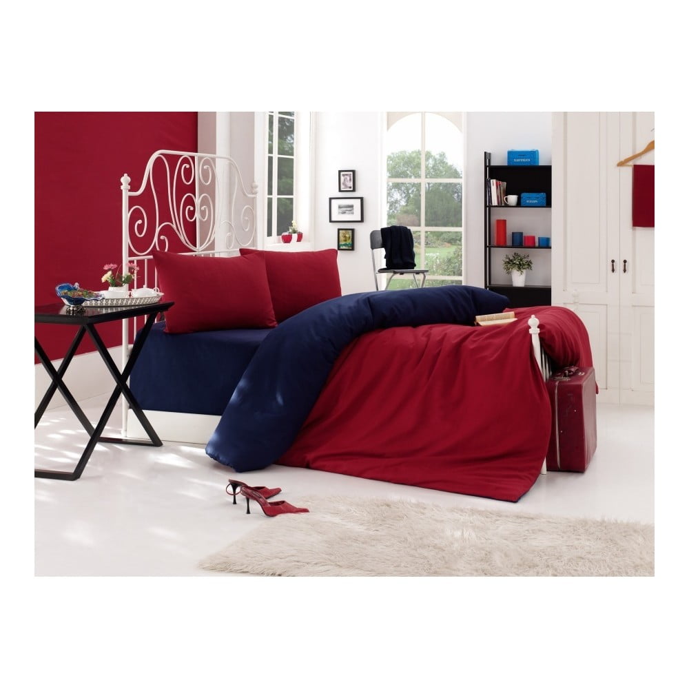 Plavo-crvena posteljina s plahtom za bračni krevet EnLora Home, 200 x 220 cm