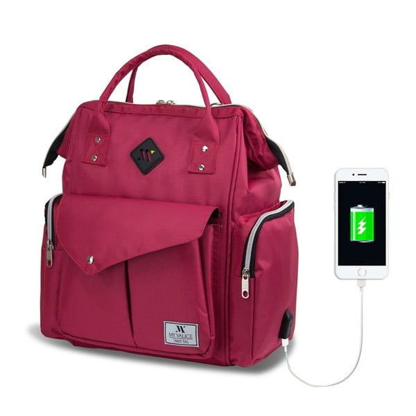 Ruksak u boji fuksije za majke s USB priključkom My Valice HAPPY MOM Baby Care Backpack