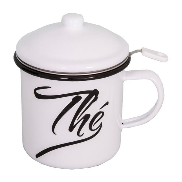Lakirana bijela šalica s poklopcem i cjedilo za čaj Antic Line Classic, visina 11 cm
