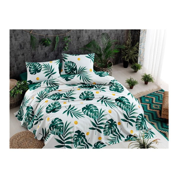 Set od pamučnog pokrivača, plahte i 2 jastučnice Monstera Green, 200 x 235 cm