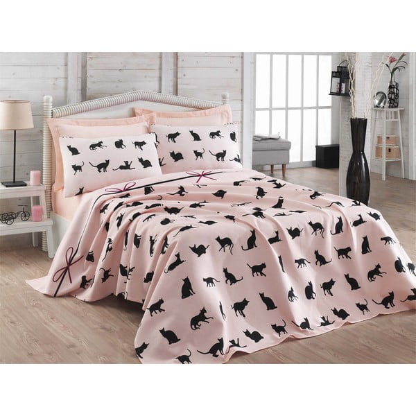 Prekrivač za bračni krevet s jastučnicom i plahtom Cat 200 x 235 cm