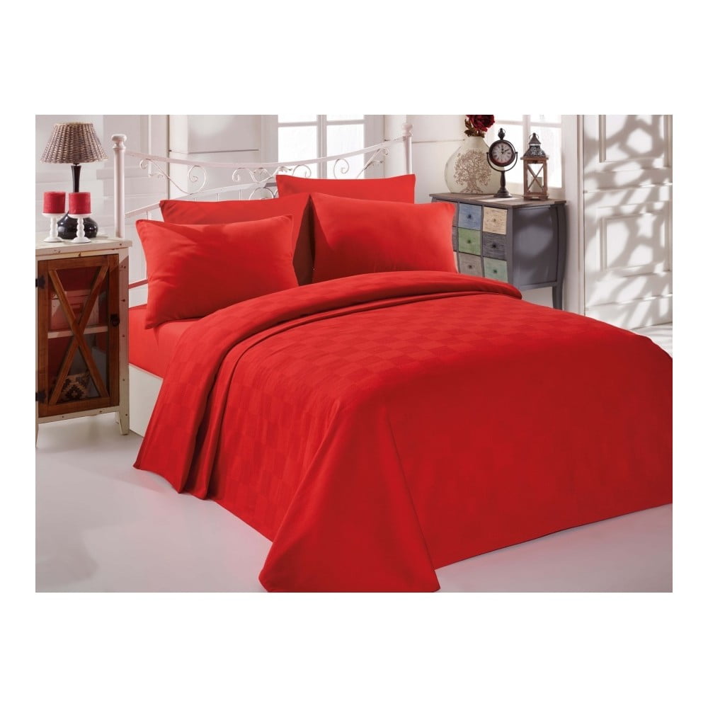 Set crvenih pamučnih prekrivača, plahti i 2 jastučnice za bračni krevet Turro Rojo, 200 x 235 cm