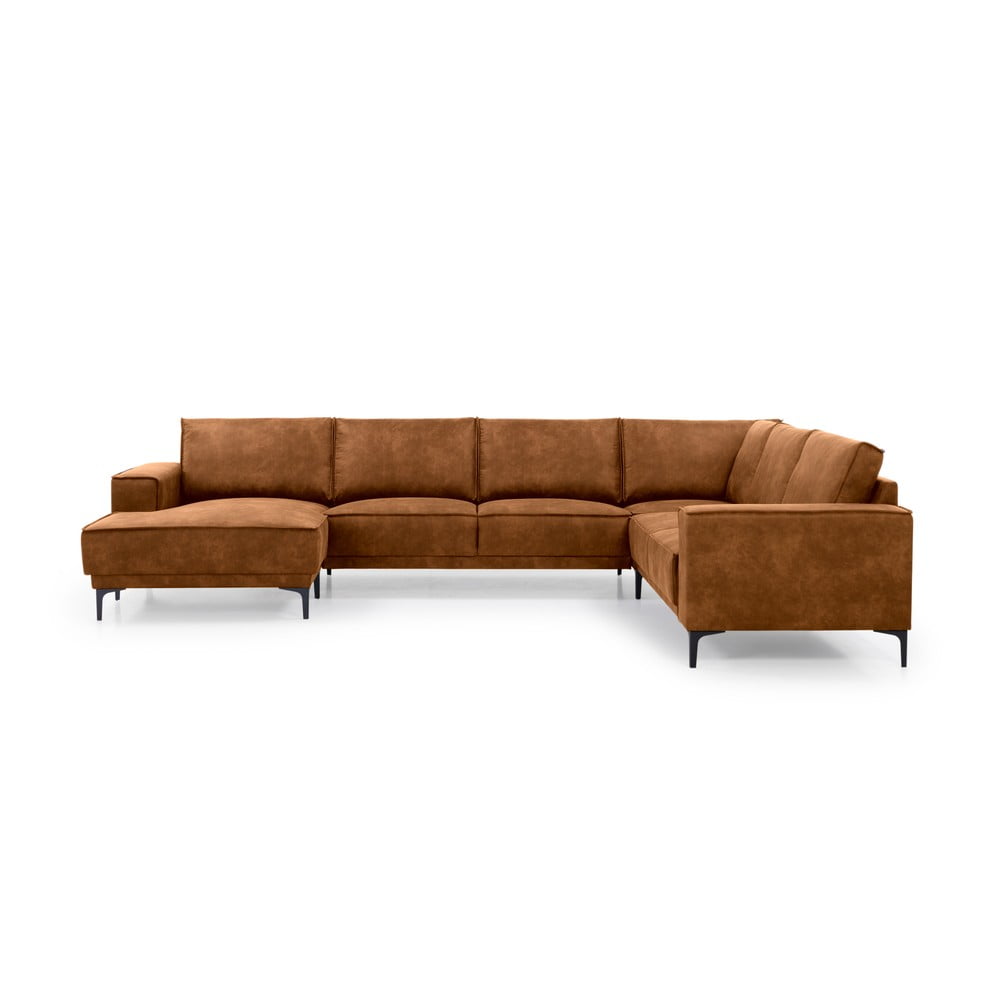Smeđa sofa od imitacije kože u obliku slova U Scandic Copenhagen, lijevi kut