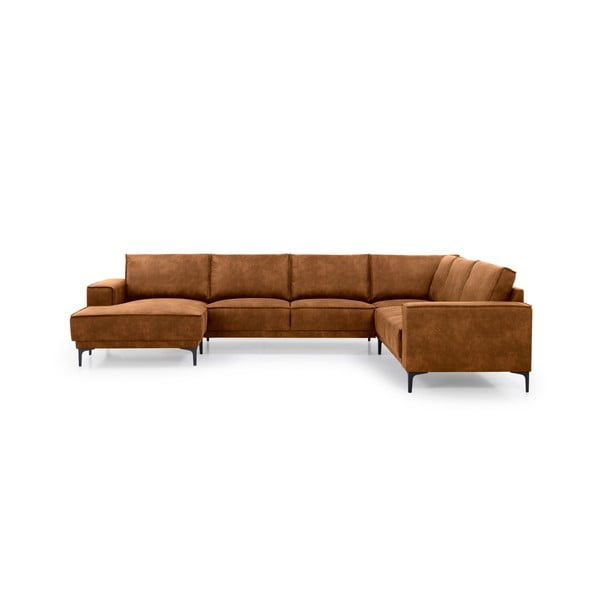 Smeđa sofa od imitacije kože u obliku slova U Scandic Copenhagen, lijevi kut