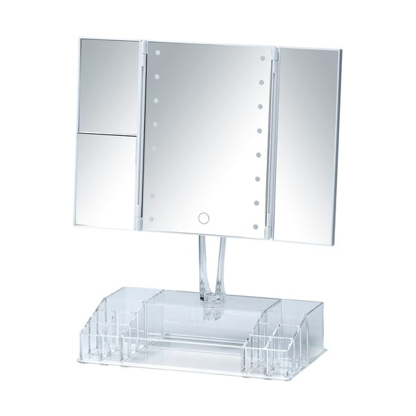 Bijelo sklopivo kozmetičko ogledalo s LED pozadinskim osvjetljenjem i organizatorom za šminku Fanano