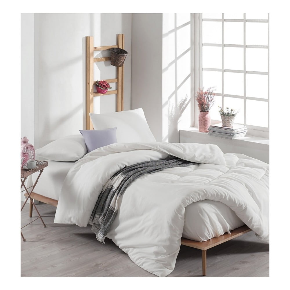 Bijela pamučna posteljina s plahtom za bračni krevet Anna, 200 x 220 cm