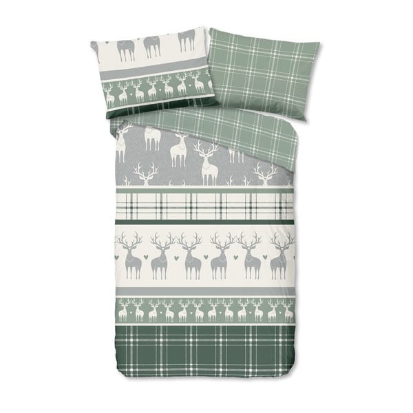 Zeleno-siva flanelska posteljina s božićnim motivom Good Morning Bjirk, 140 x 200 cm