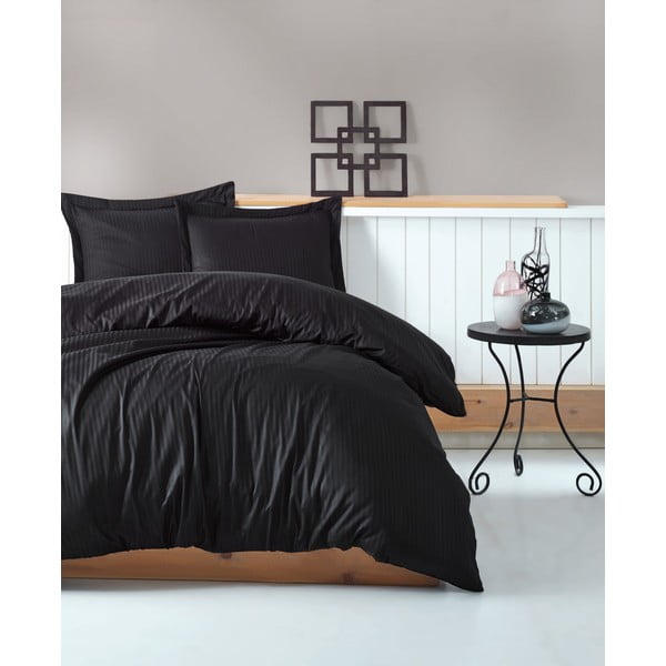 Crna posteljina s plahtom za bračni krevet Stripe, 200 x 220 cm