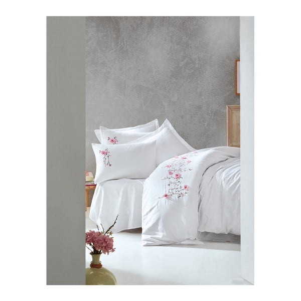 Bijela posteljina od pamučnog satena s plahtom Perla White, 200 x 220 cm