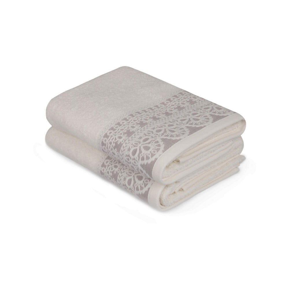 Set od dva bijela ručnika s bež detaljima Romantica, 90 x 50 cm