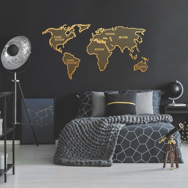 Metalna zidna dekoracija u zlatnoj boji World Map In The Stripes, 150 x 80 cm