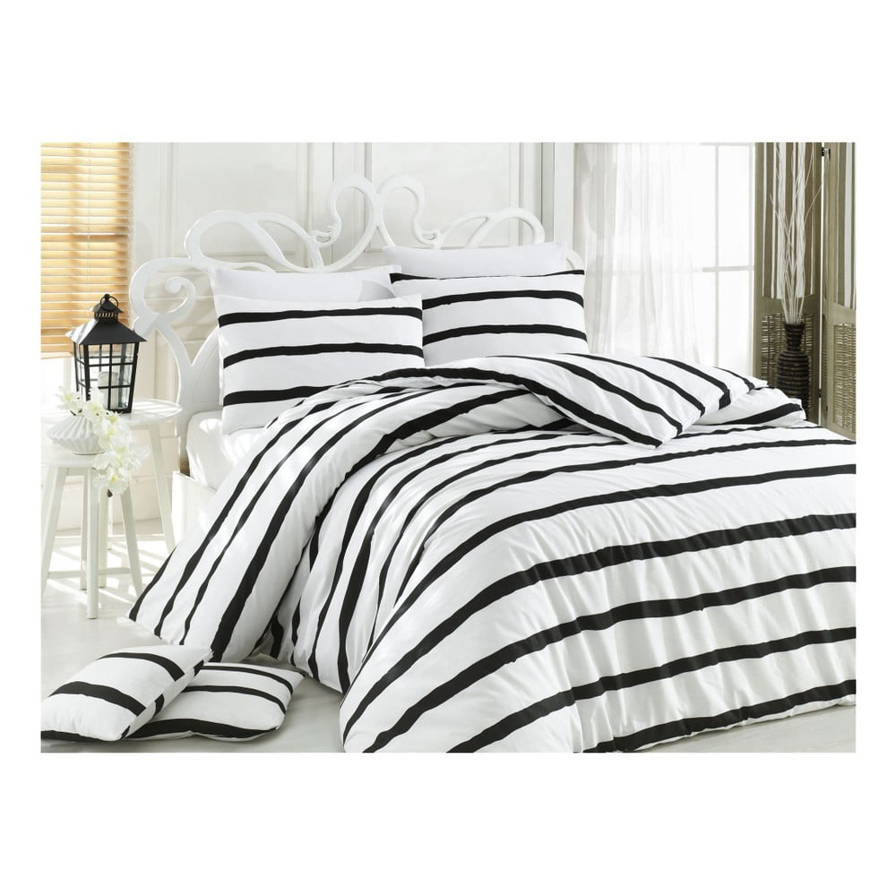 Crno bijela pamučna posteljina za bračni krevet s plahtama Poppy, 200 x 200 cm