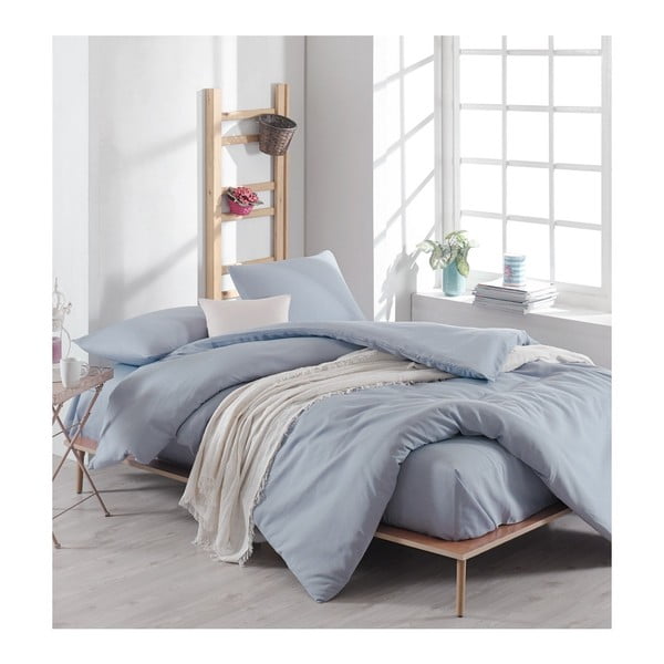 Svijetlo plava pamučna posteljina s plahlom boje mentola za bračni krevet 220 x 240 cm
