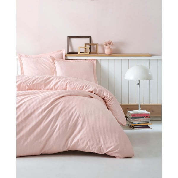 Ružičasta posteljina boje pudera s plahtom za bračni krevet Stripe, 200 x 220 cm