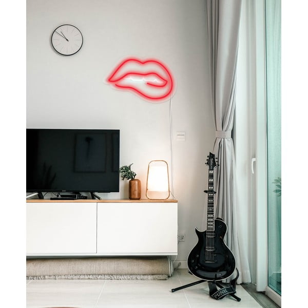 Crveni zidni svjetleći ukras Candy Shock Biting Lips, 40 x 36 cm