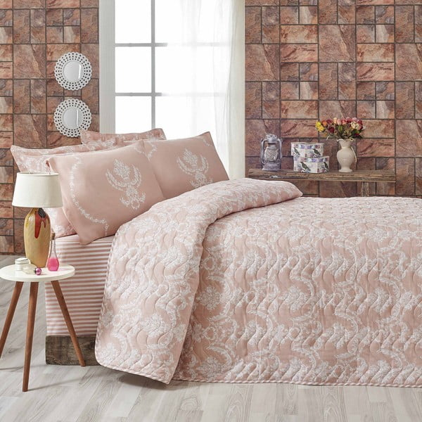Ružičasti prekrivač za bračni krevet s jastučnicom Livije, 200 x 220 cm