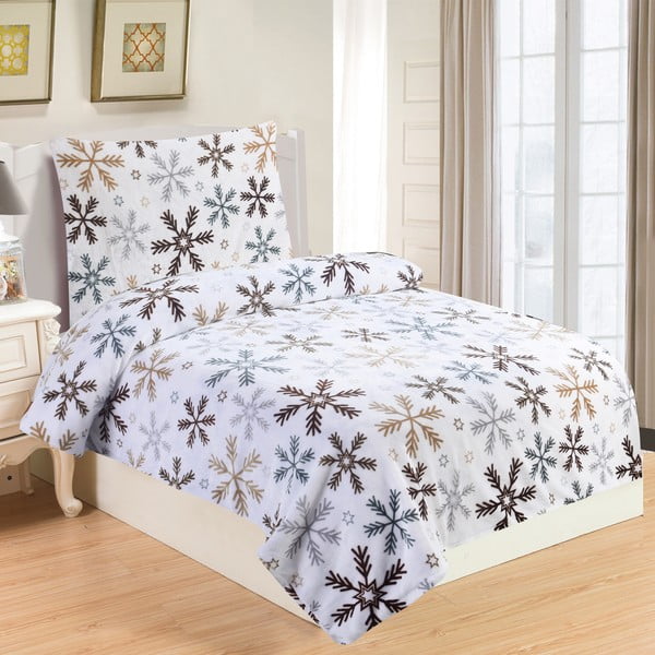 Bijelo-smeđa mikroplišana posteljina za krevet za jednu osobu My House Snowflakes, 140 x 200 cm