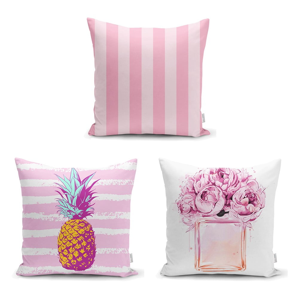 Set od 3 premaza na jastucima Minimalistički jastuk pokriva ružičaste prugaste, 45 x 45 cm