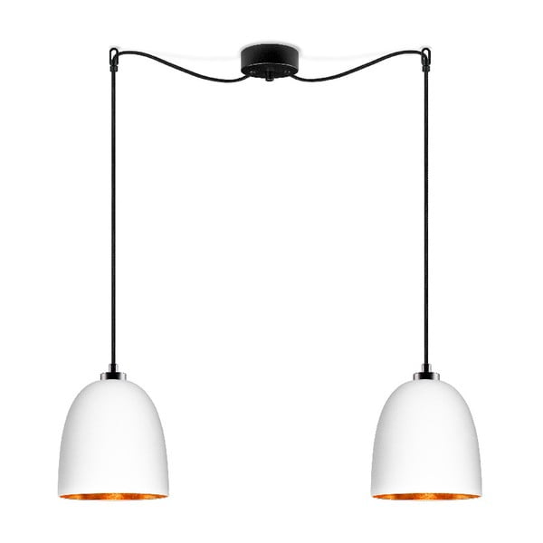 Bijela viseća svjetiljka s dva kraka, crnim kabelom i detaljem u bakrenoj boji Sotto Luce Awa Matte