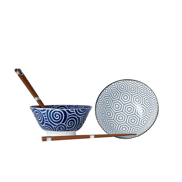 Set od 2 plavo-bijele keramičke zdjele i štapića za jelo MIJ Honeycomb