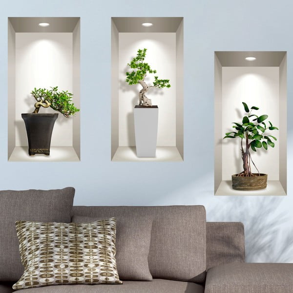Set s 3 zidne 3D samoljepljive naljepnice Ambiance Bonsai Plants