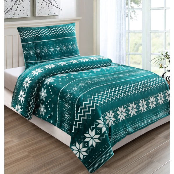 Zelena mikroplišana posteljina za krevet za jednu osobu My House Snowflakes, 140 x 200 cm